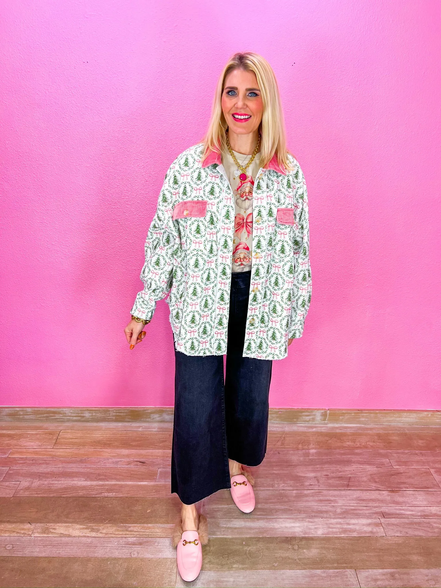 Christmas Tree Farm Shacket - Ivory/Green/Pink