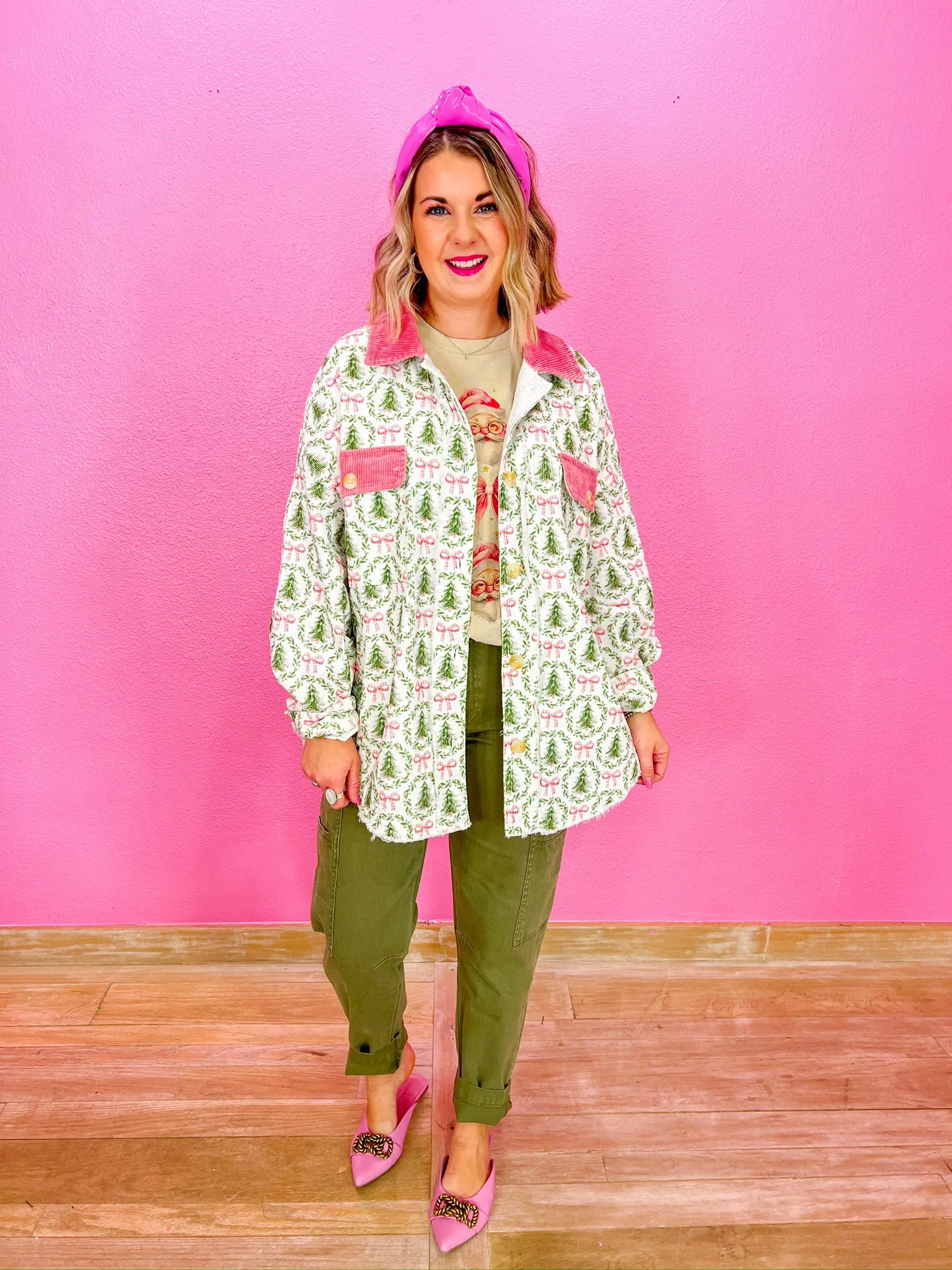 Christmas Tree Farm Shacket - Ivory/Green/Pink