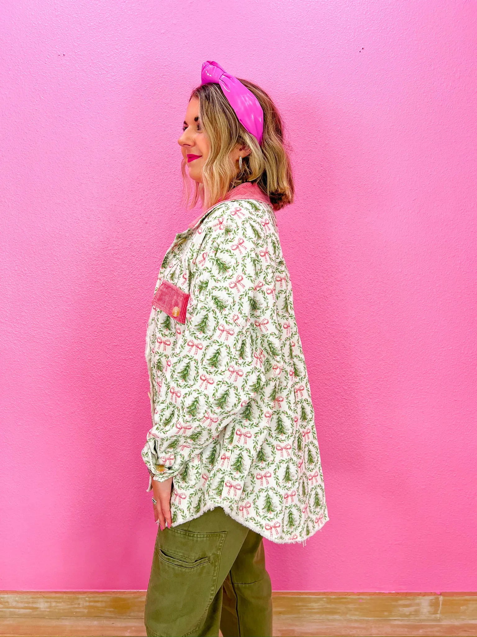 Christmas Tree Farm Shacket - Ivory/Green/Pink
