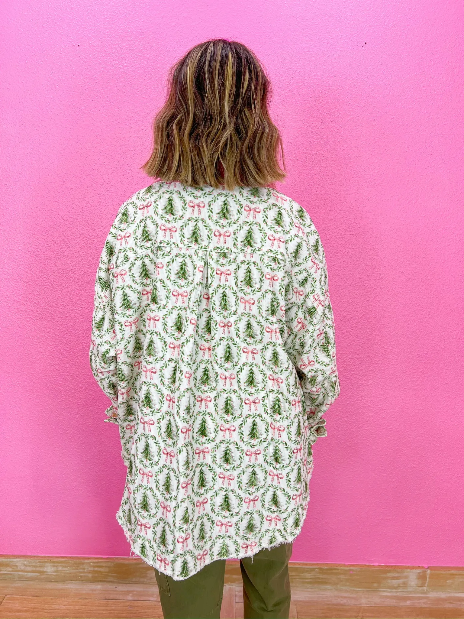 Christmas Tree Farm Shacket - Ivory/Green/Pink