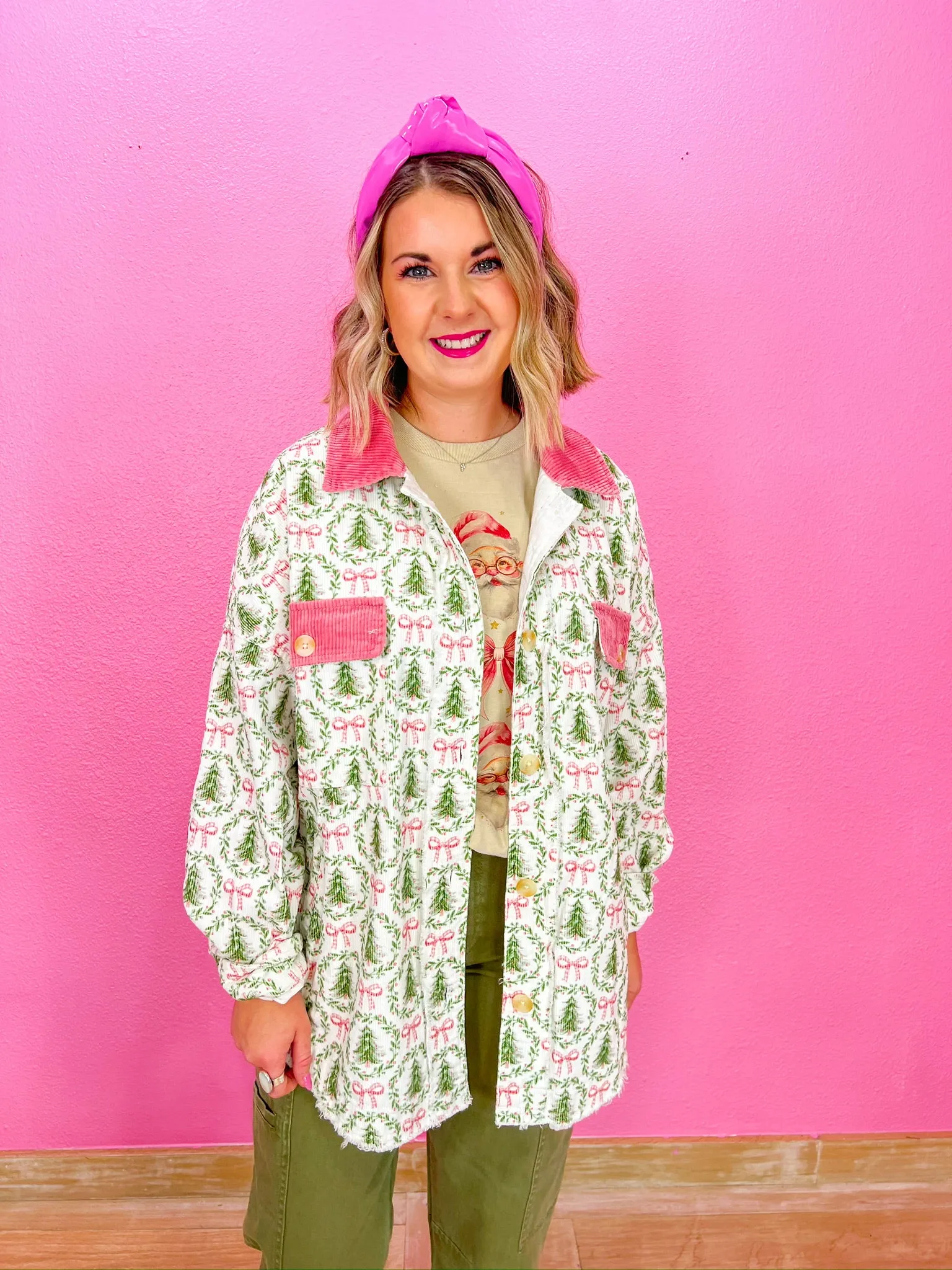 Christmas Tree Farm Shacket - Ivory/Green/Pink
