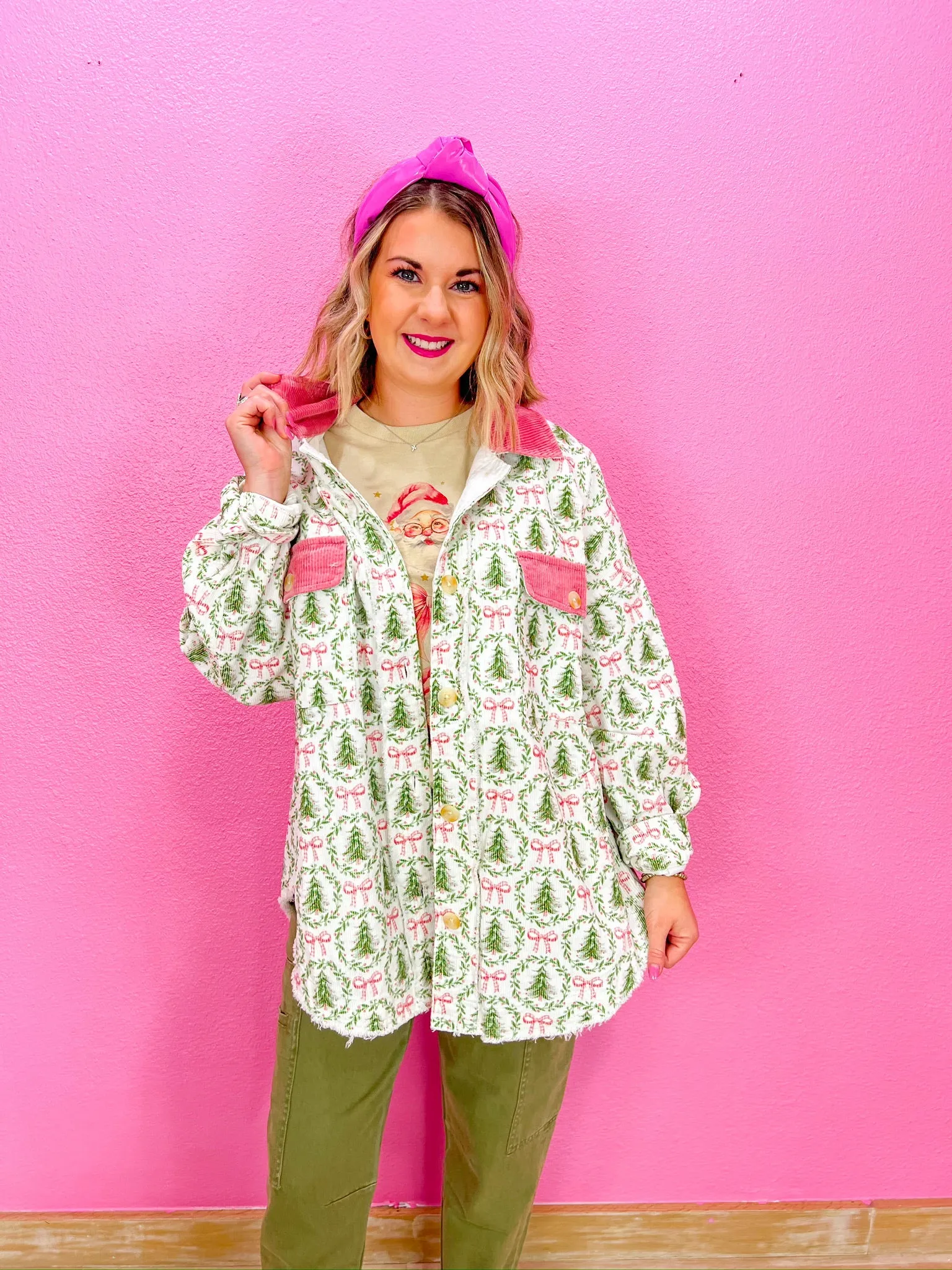 Christmas Tree Farm Shacket - Ivory/Green/Pink
