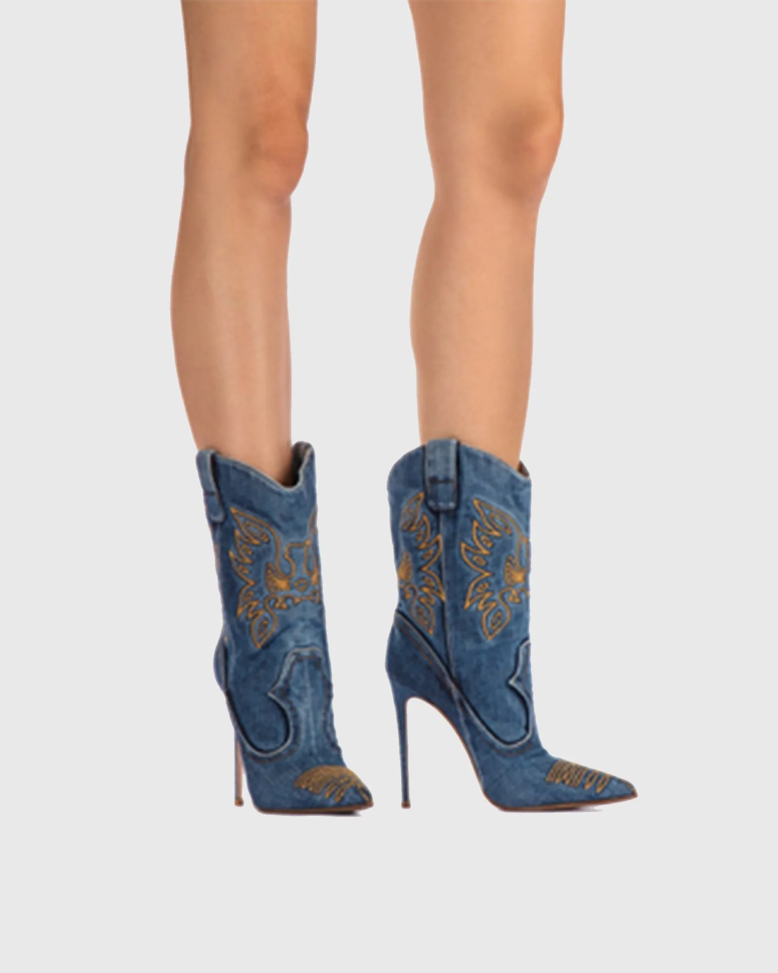 Cinzia Embroidery Denim Cowboy Mid Calf Boots