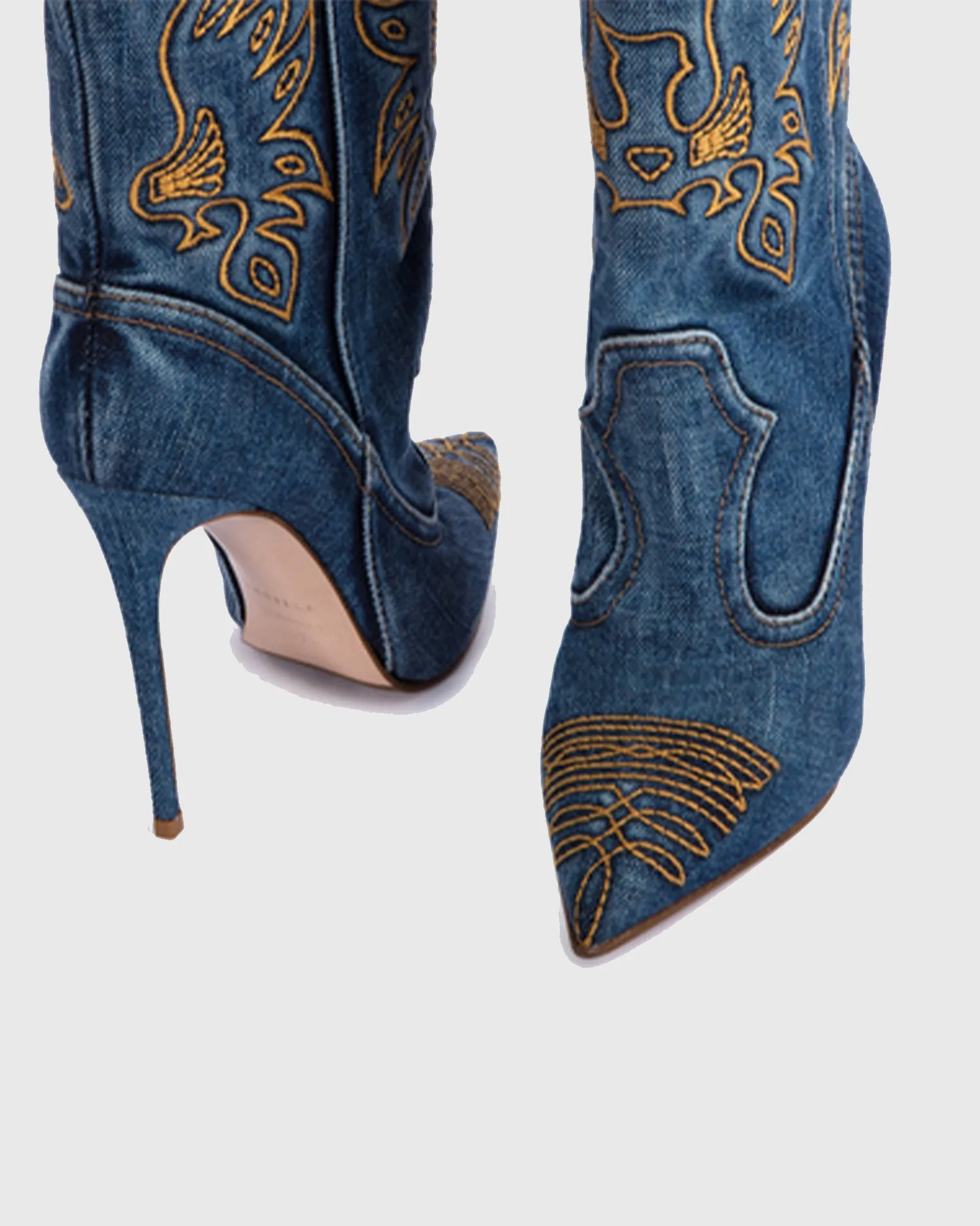 Cinzia Embroidery Denim Cowboy Mid Calf Boots