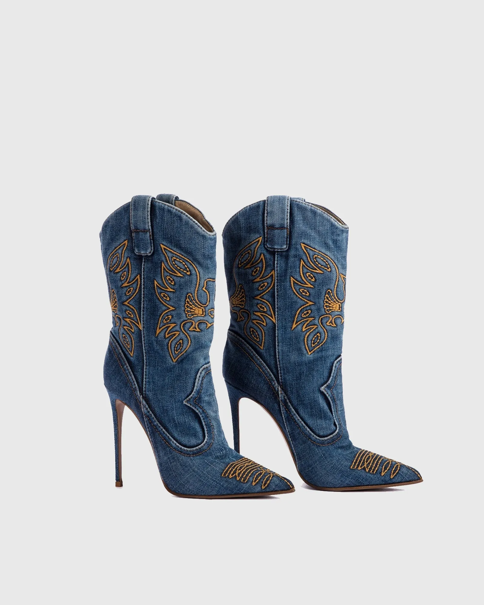 Cinzia Embroidery Denim Cowboy Mid Calf Boots