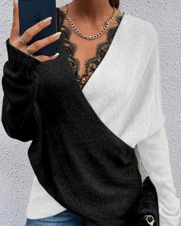 Clidress Color Contrast Cross Lace V Neck Sweater