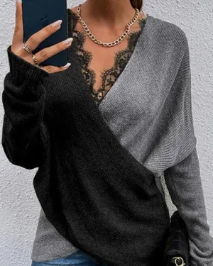 Clidress Color Contrast Cross Lace V Neck Sweater