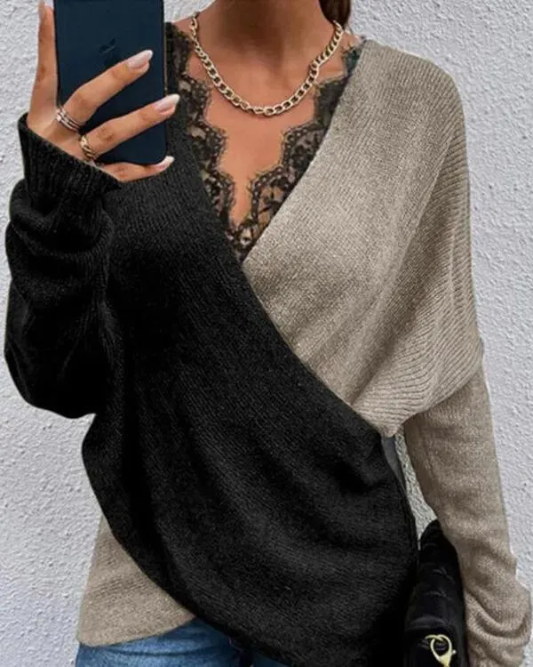 Clidress Color Contrast Cross Lace V Neck Sweater