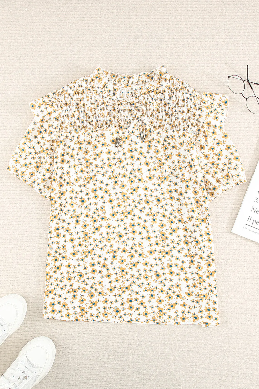 Daisy Print Smocked Ruffled V Neck Shirt