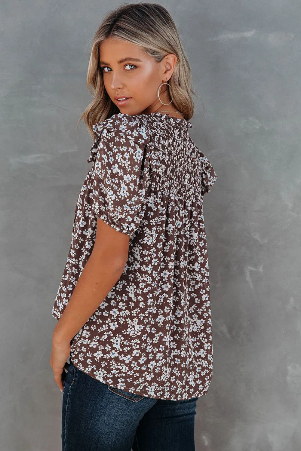 Daisy Print Smocked Ruffled V Neck Shirt
