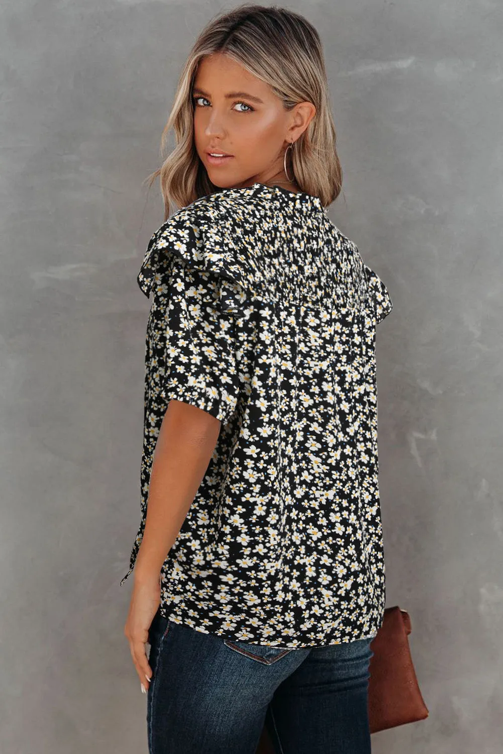 Daisy Print Smocked Ruffled V Neck Shirt