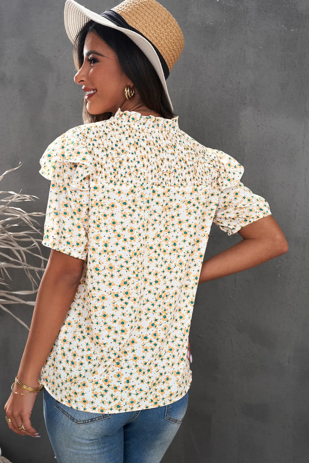 Daisy Print Smocked Ruffled V Neck Shirt