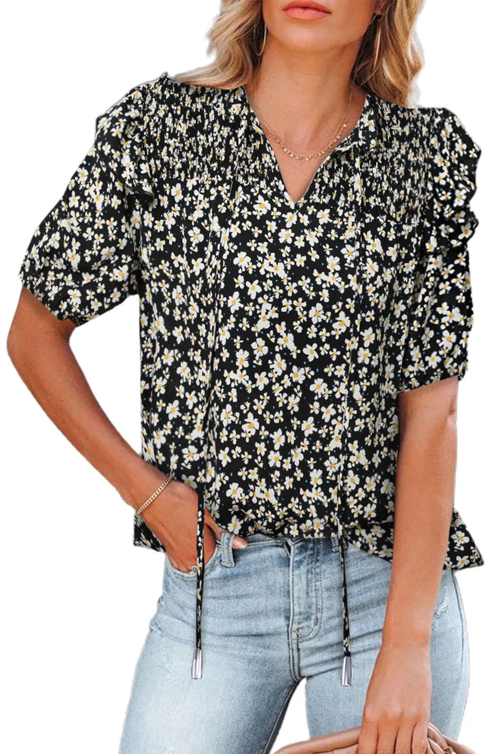 Daisy Print Smocked Ruffled V Neck Shirt