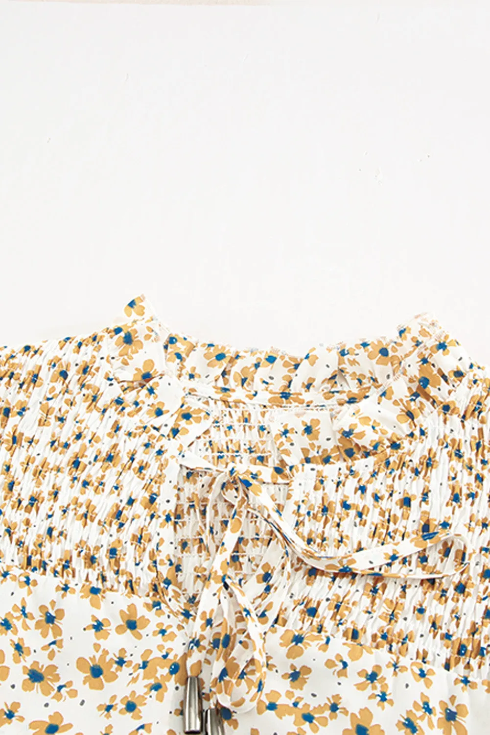 Daisy Print Smocked Ruffled V Neck Shirt