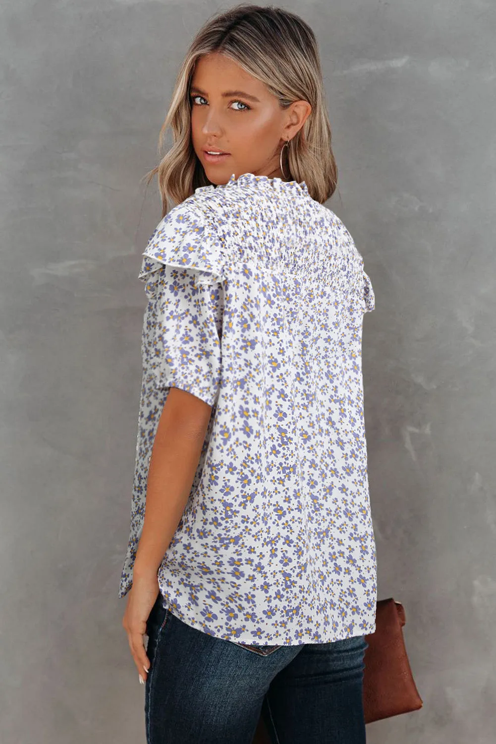 Daisy Print Smocked Ruffled V Neck Shirt