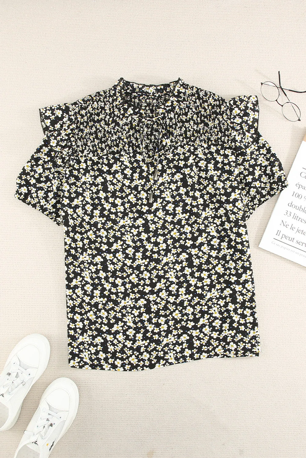 Daisy Print Smocked Ruffled V Neck Shirt