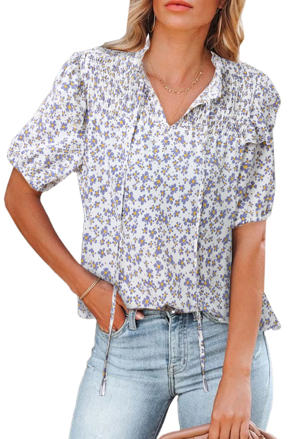 Daisy Print Smocked Ruffled V Neck Shirt