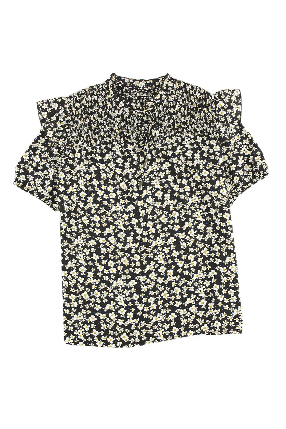 Daisy Print Smocked Ruffled V Neck Shirt