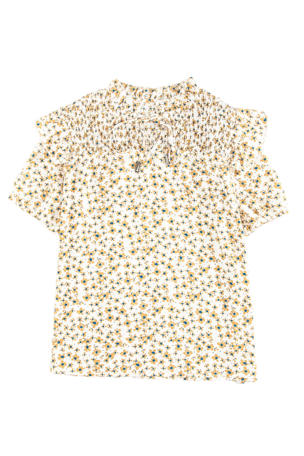 Daisy Print Smocked Ruffled V Neck Shirt