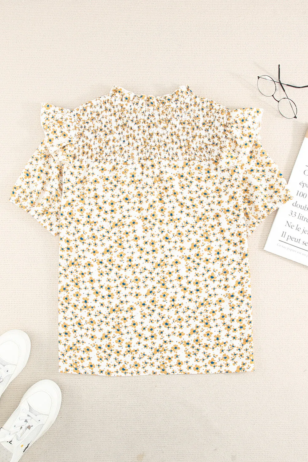Daisy Print Smocked Ruffled V Neck Shirt