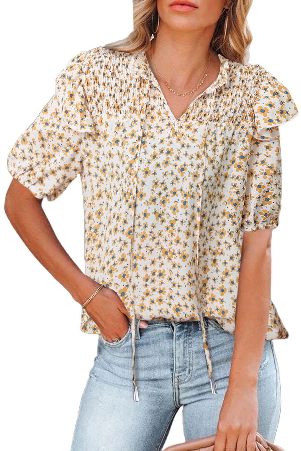 Daisy Print Smocked Ruffled V Neck Shirt