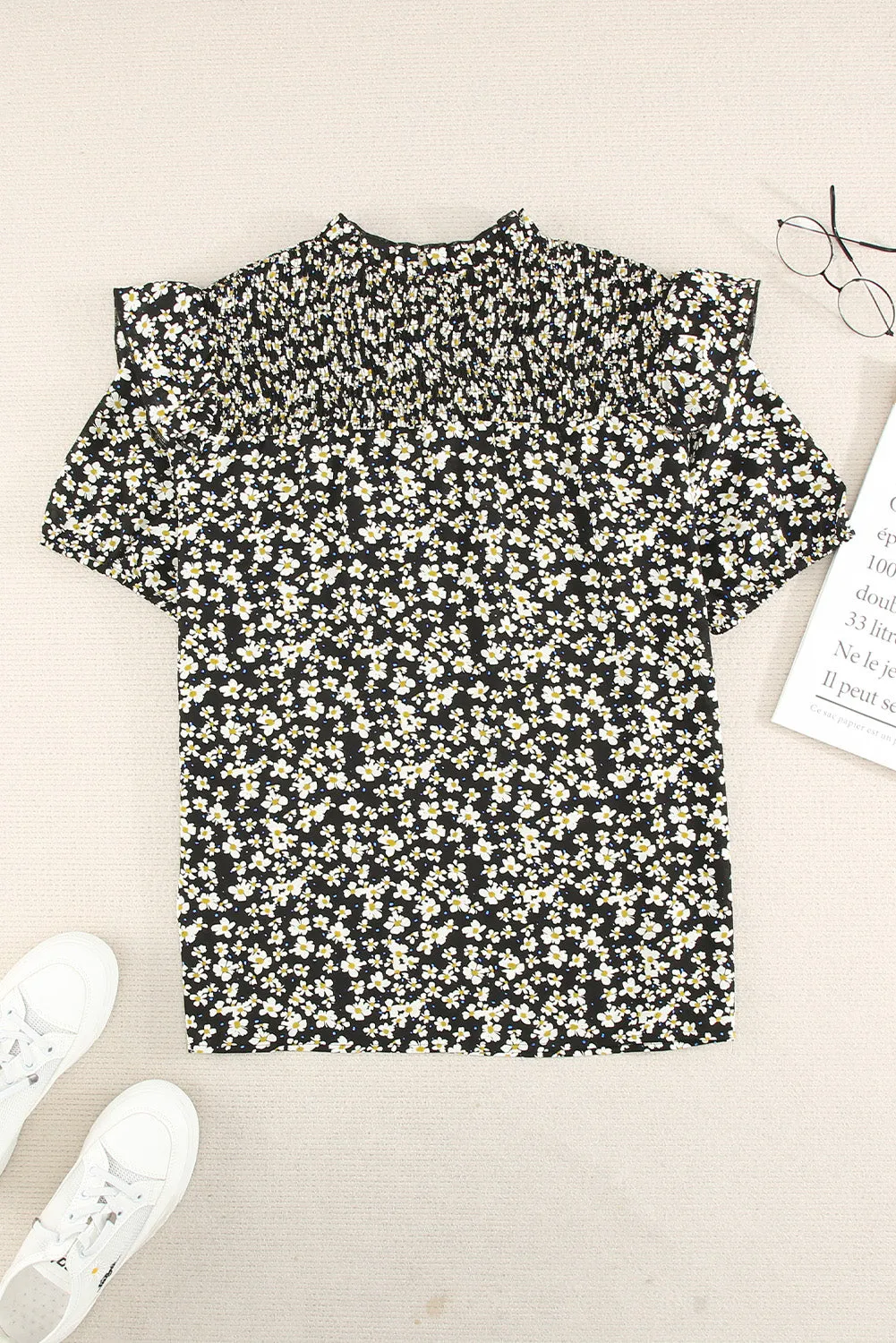 Daisy Print Smocked Ruffled V Neck Shirt