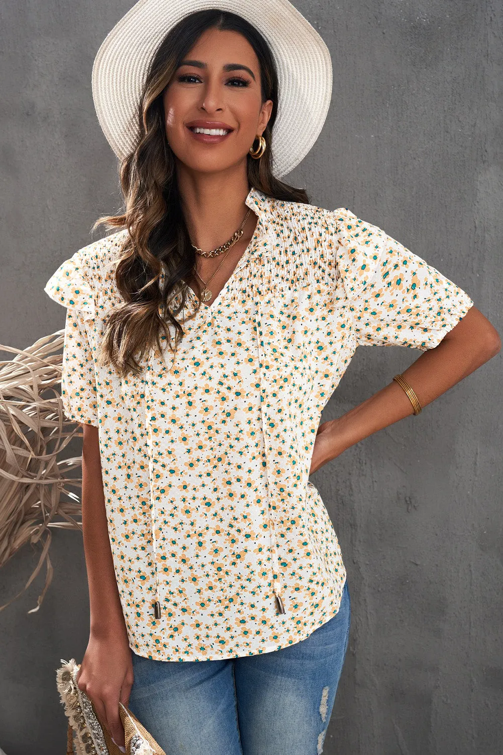 Daisy Print Smocked Ruffled V Neck Shirt