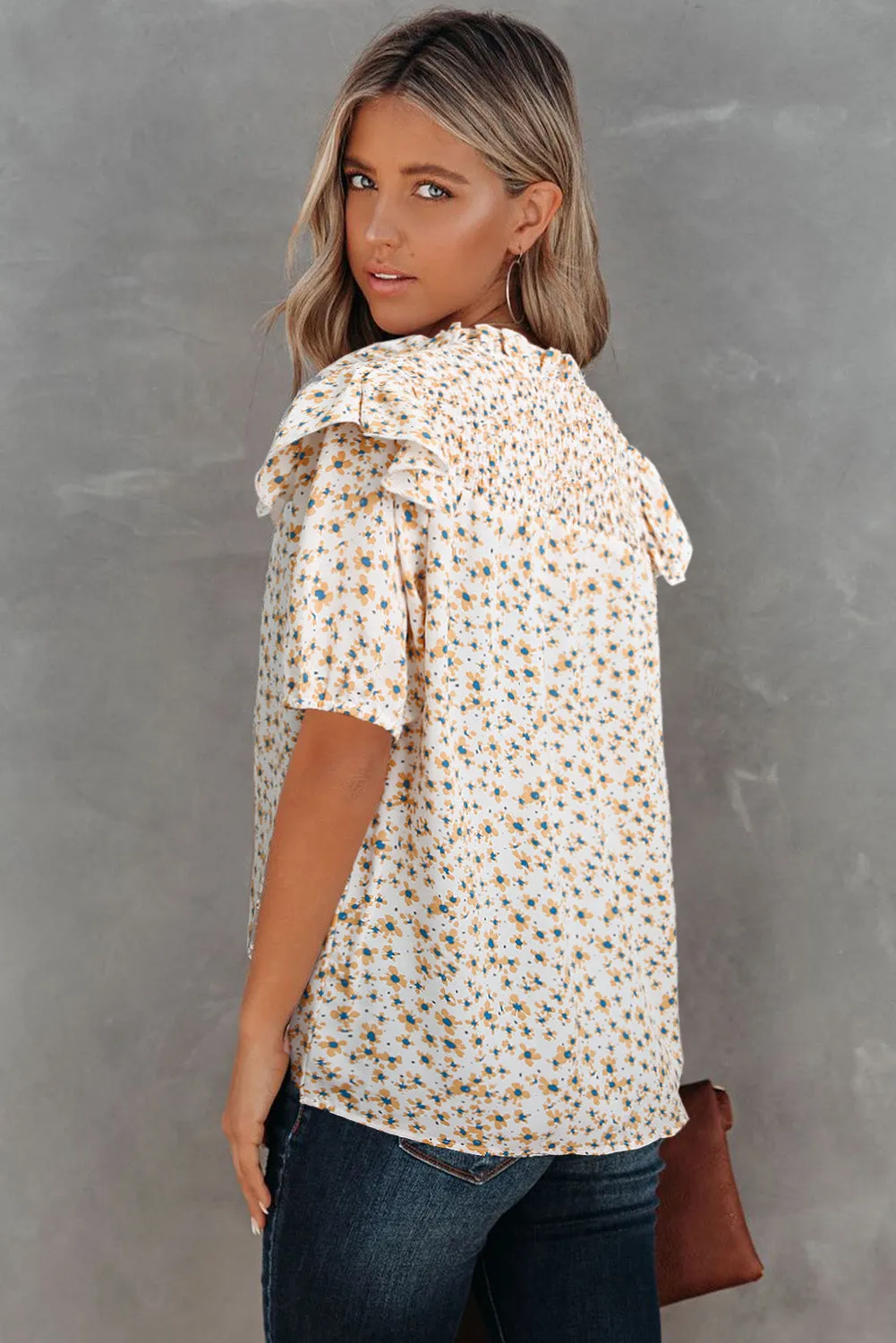 Daisy Print Smocked Ruffled V Neck Shirt