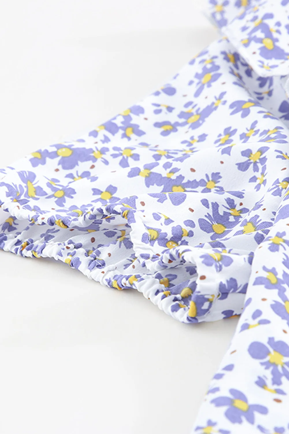 Daisy Print Smocked Ruffled V Neck Shirt