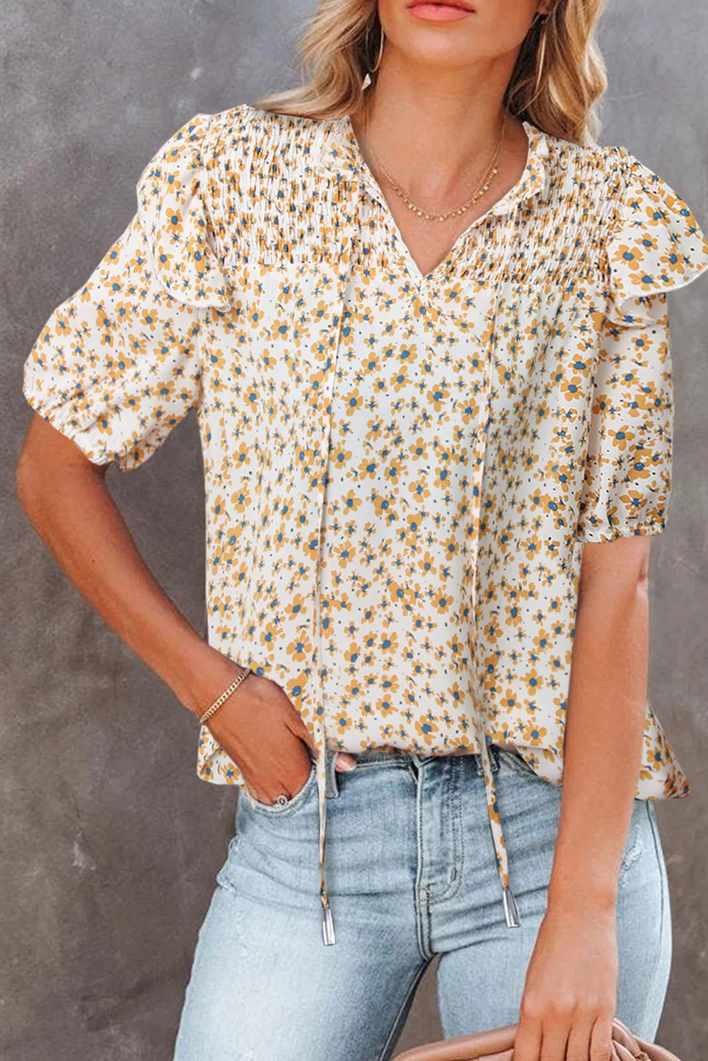 Daisy Print Smocked Ruffled V Neck Shirt