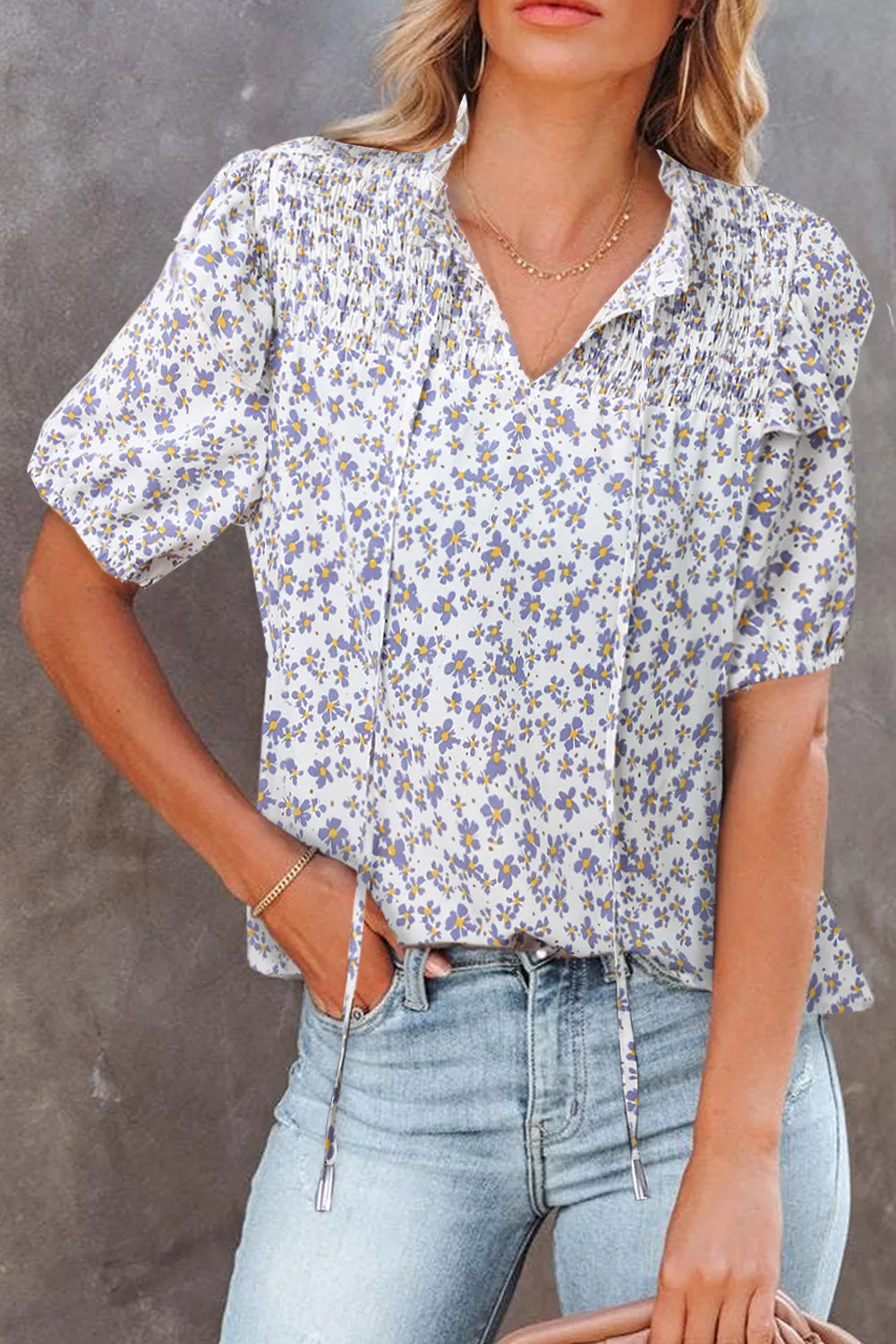 Daisy Print Smocked Ruffled V Neck Shirt