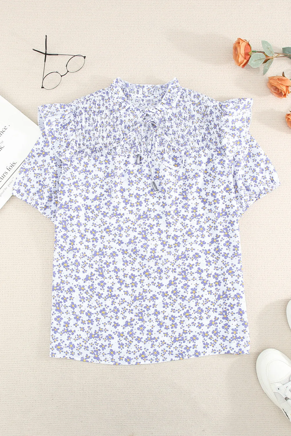 Daisy Print Smocked Ruffled V Neck Shirt