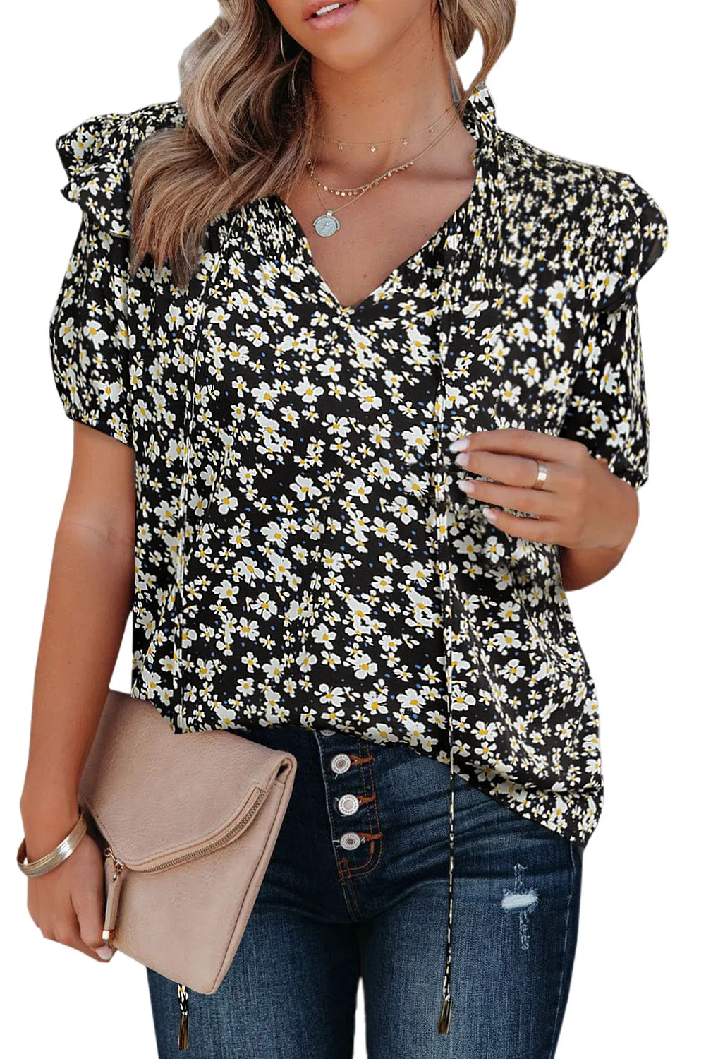 Daisy Print Smocked Ruffled V Neck Shirt