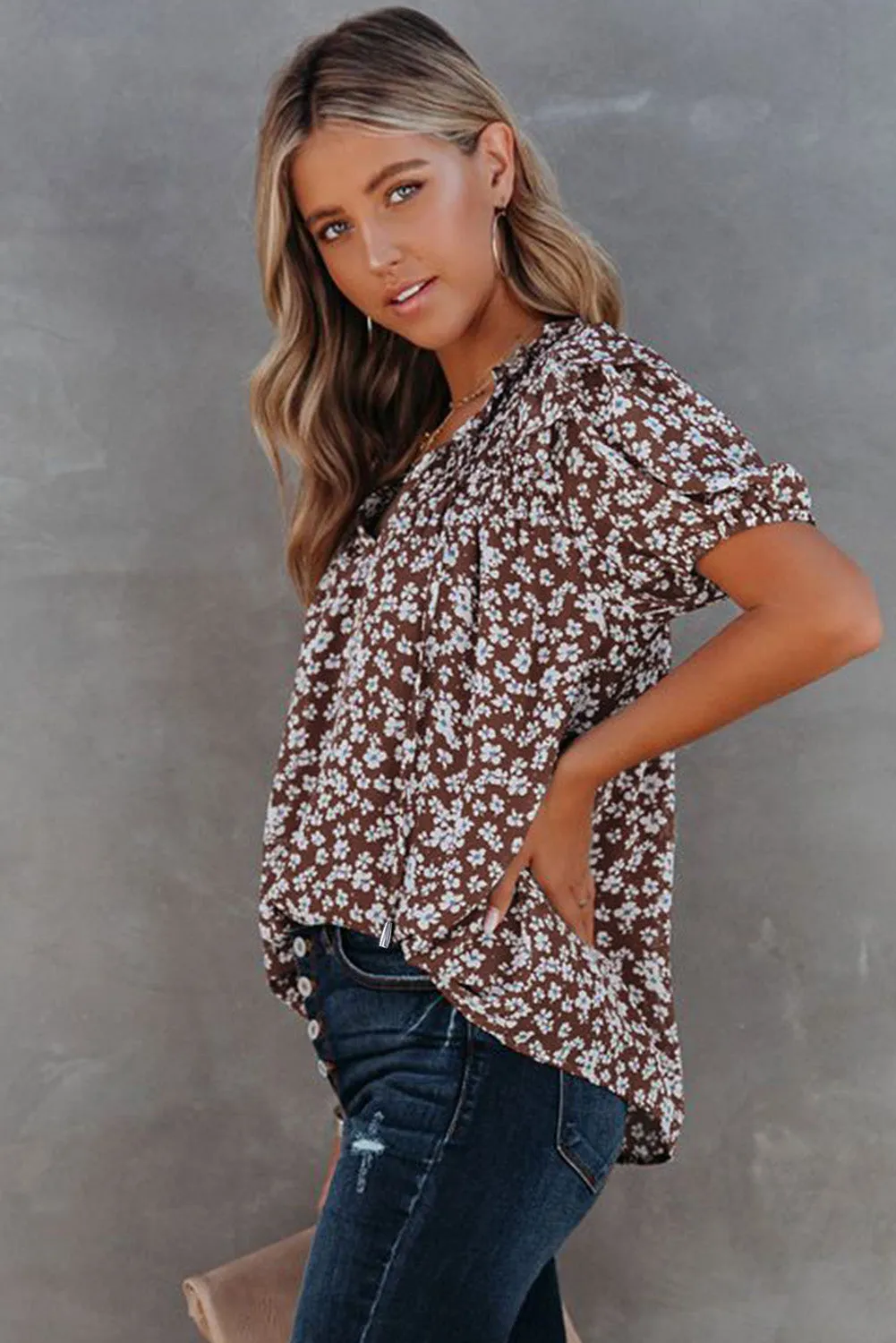 Daisy Print Smocked Ruffled V Neck Shirt
