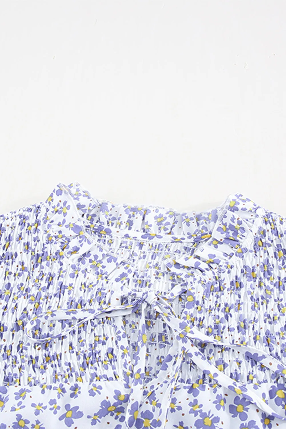 Daisy Print Smocked Ruffled V Neck Shirt