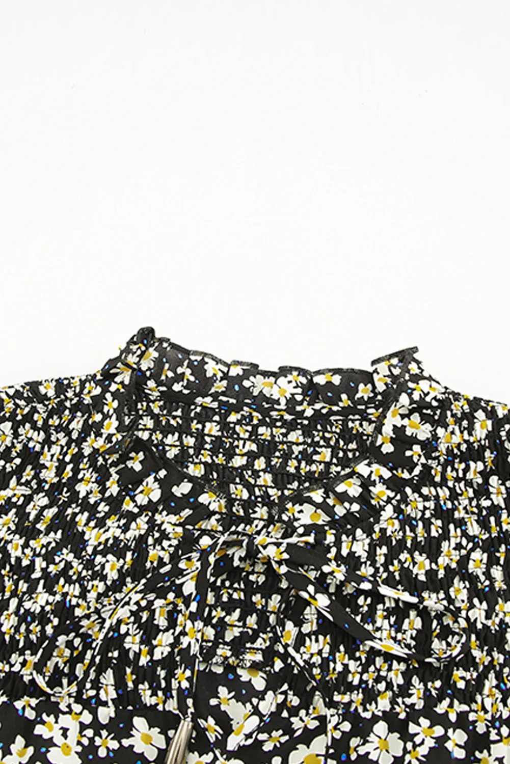 Daisy Print Smocked Ruffled V Neck Shirt