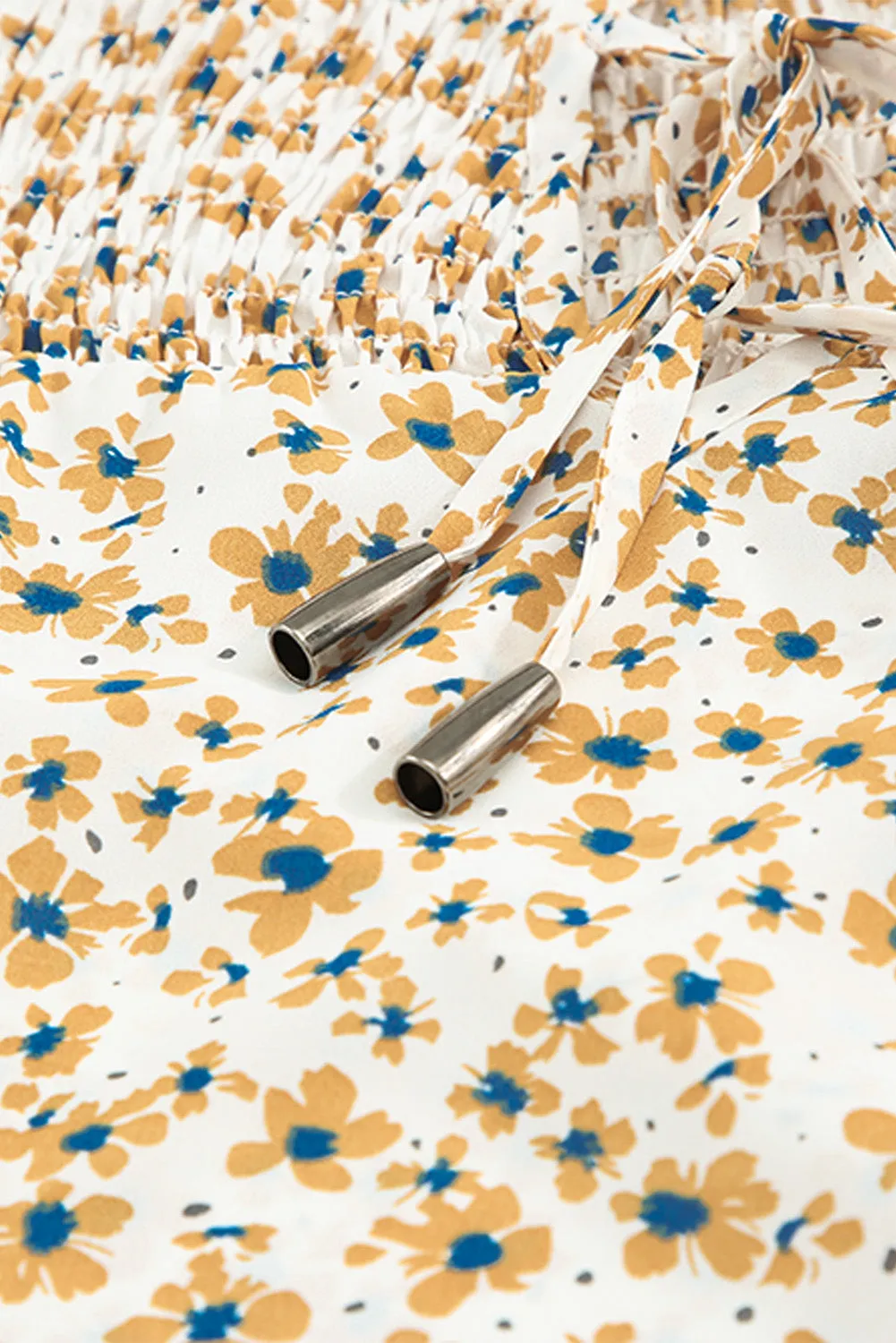 Daisy Print Smocked Ruffled V Neck Shirt