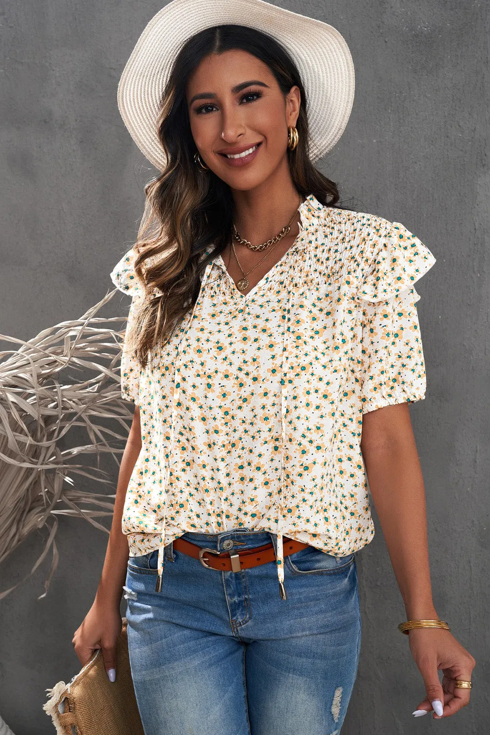 Daisy Print Smocked Ruffled V Neck Shirt