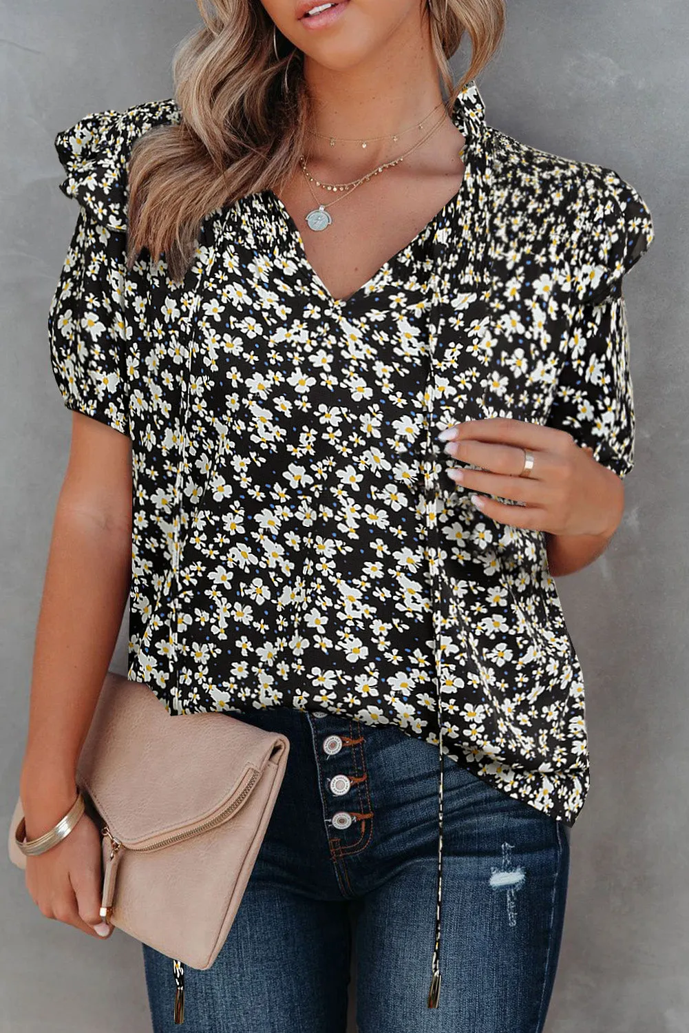 Daisy Print Smocked Ruffled V Neck Shirt