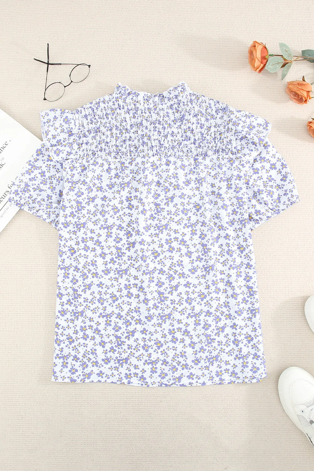 Daisy Print Smocked Ruffled V Neck Shirt