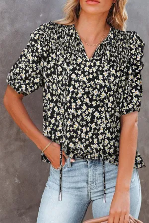 Daisy Print Smocked Ruffled V Neck Shirt