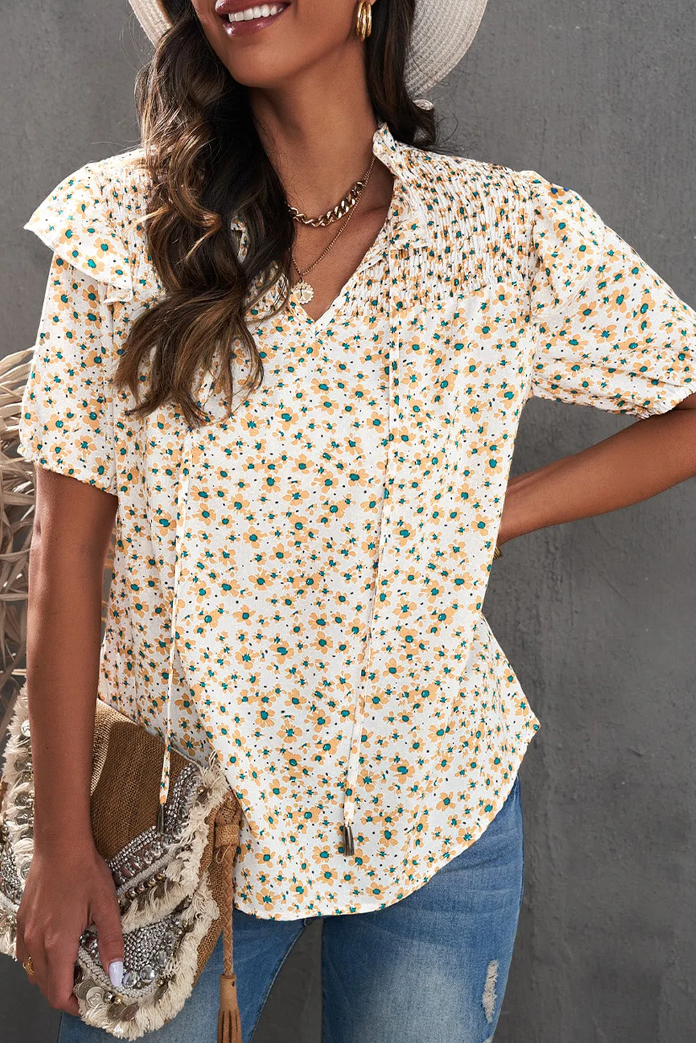Daisy Print Smocked Ruffled V Neck Shirt