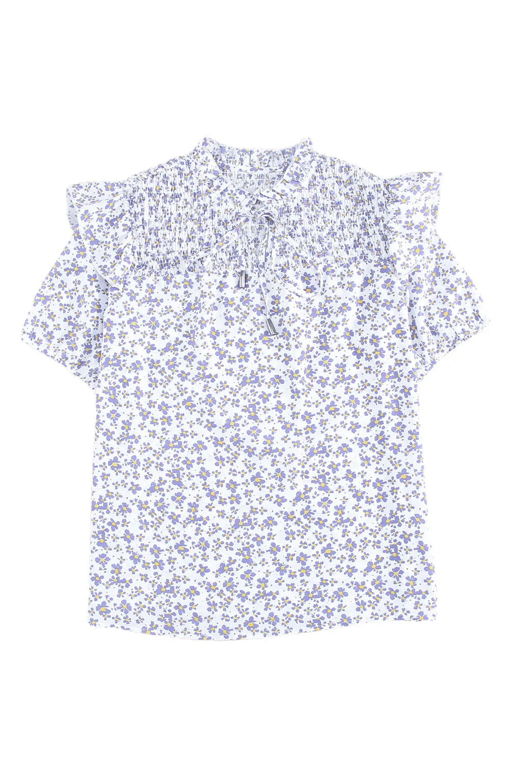Daisy Print Smocked Ruffled V Neck Shirt