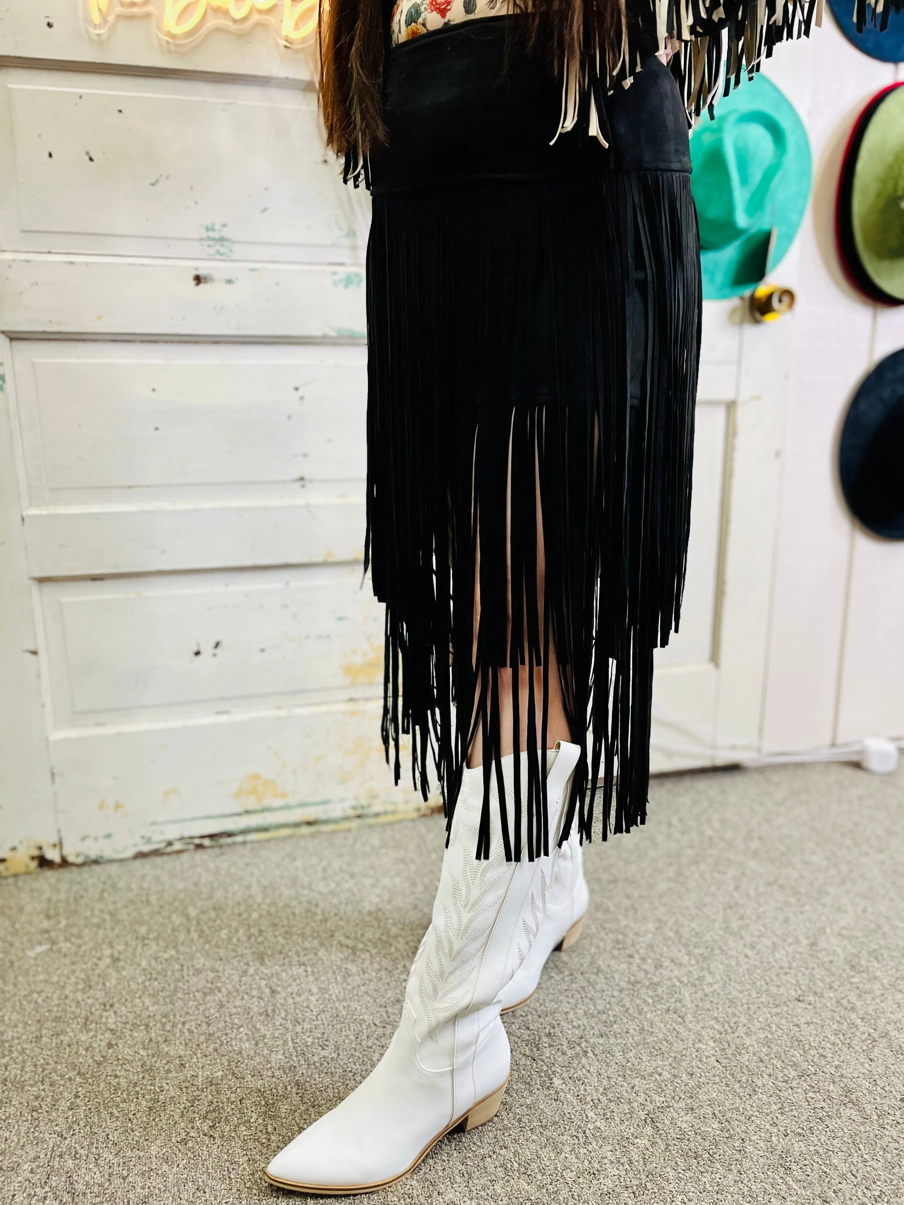 Dutton tiered fringe midi skirt