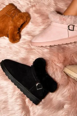 Explore More Collection - WILD DIVA Faux-Fur Buckle Round Toe Booties