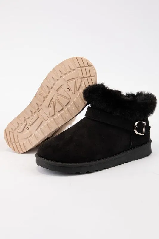 Explore More Collection - WILD DIVA Faux-Fur Buckle Round Toe Booties