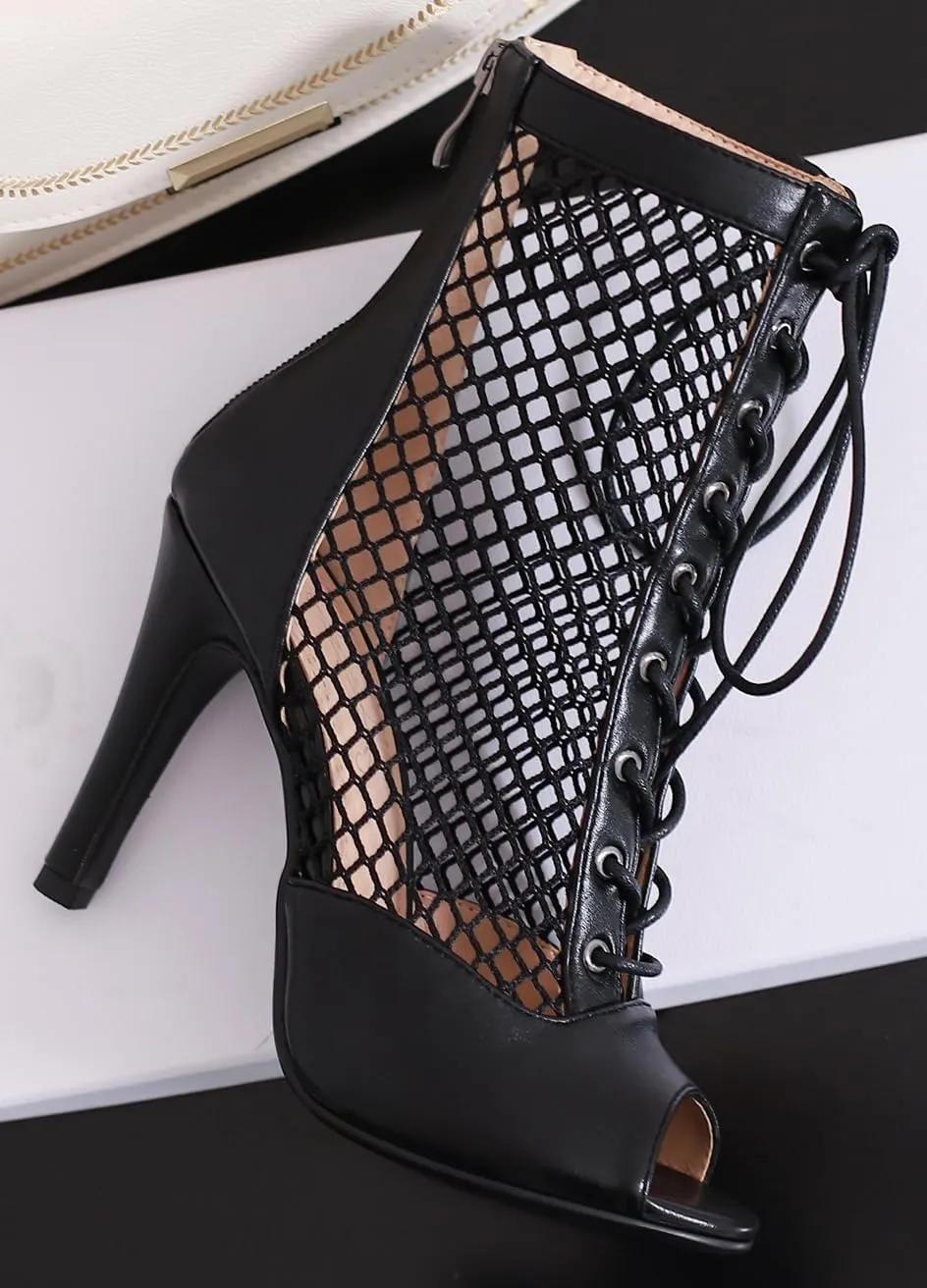 FENIKUSU Women's Ballroom Dance Shoes Peep Toe High Heel Summer Sandals Mesh Boots Plus Size Stilettos Model F4