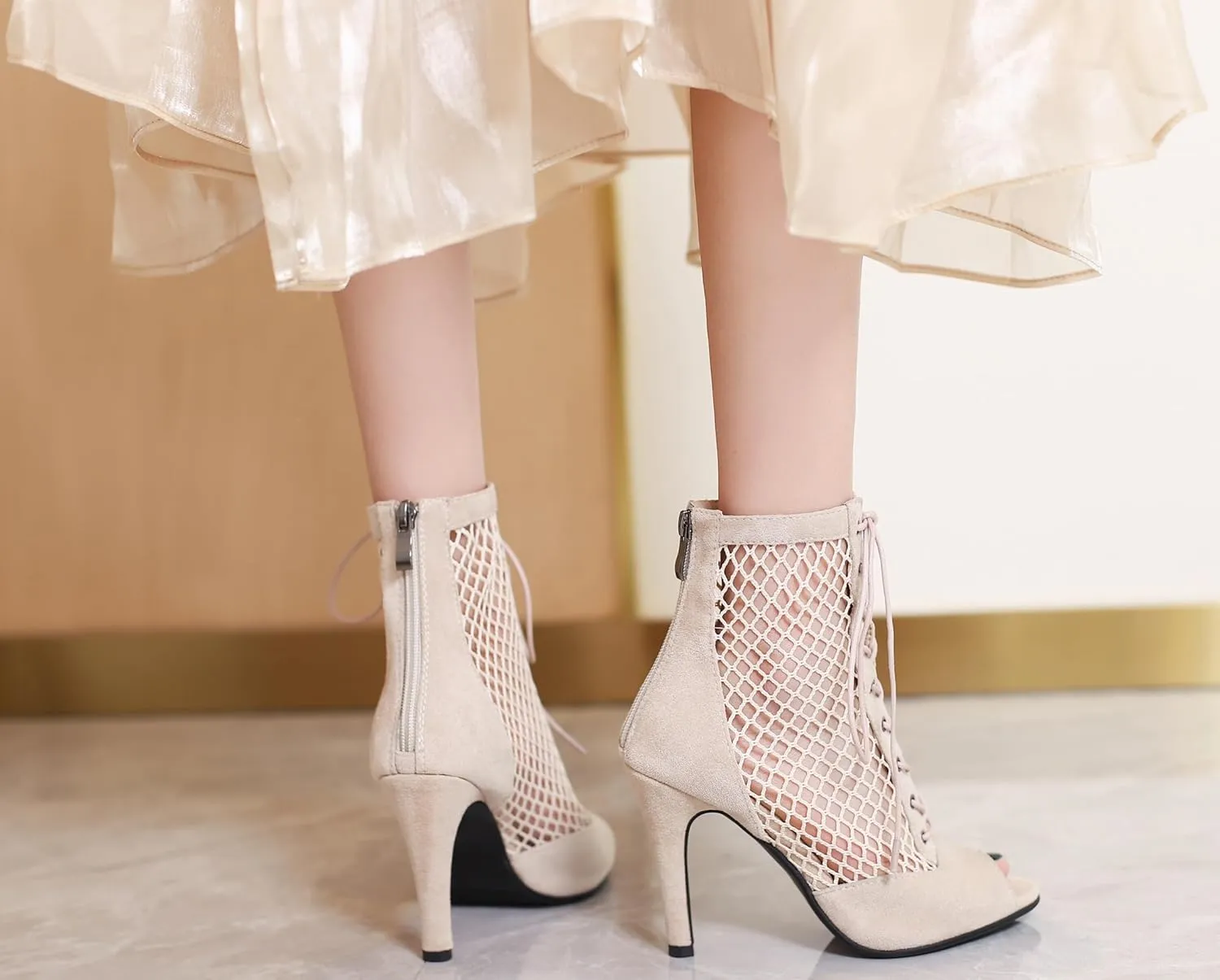 FENIKUSU Women's Ballroom Dance Shoes Peep Toe High Heel Summer Sandals Mesh Boots Plus Size Stilettos Model F4