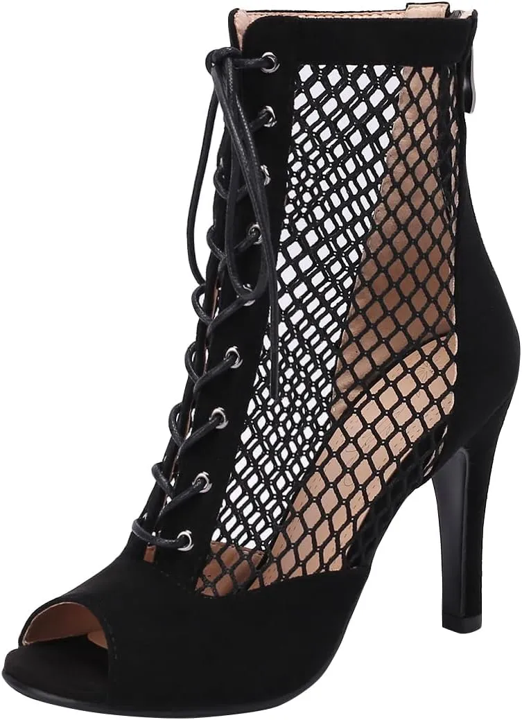 FENIKUSU Women's Ballroom Dance Shoes Peep Toe High Heel Summer Sandals Mesh Boots Plus Size Stilettos Model F4