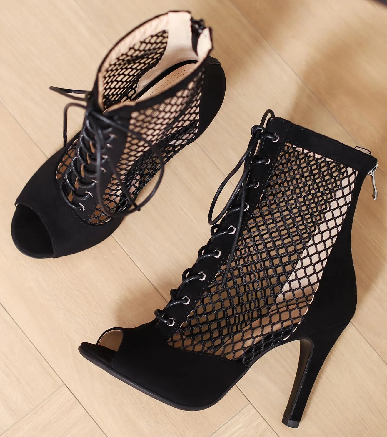 FENIKUSU Women's Ballroom Dance Shoes Peep Toe High Heel Summer Sandals Mesh Boots Plus Size Stilettos Model F4
